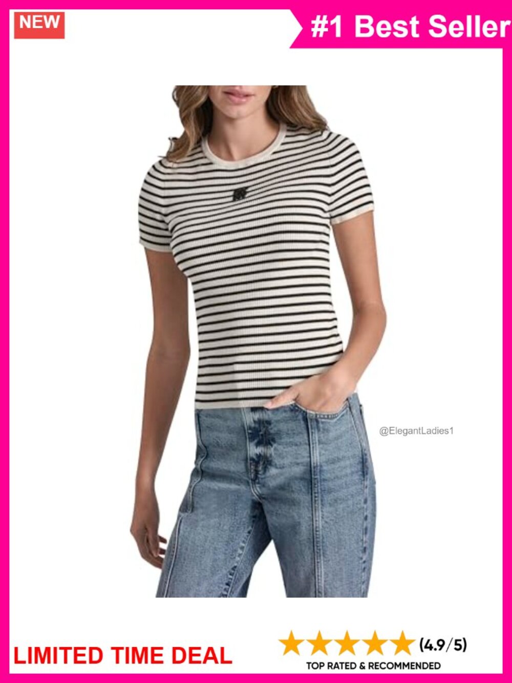 DKNY Womens Crew Neck Striped Logo Short Sleeve Shirt